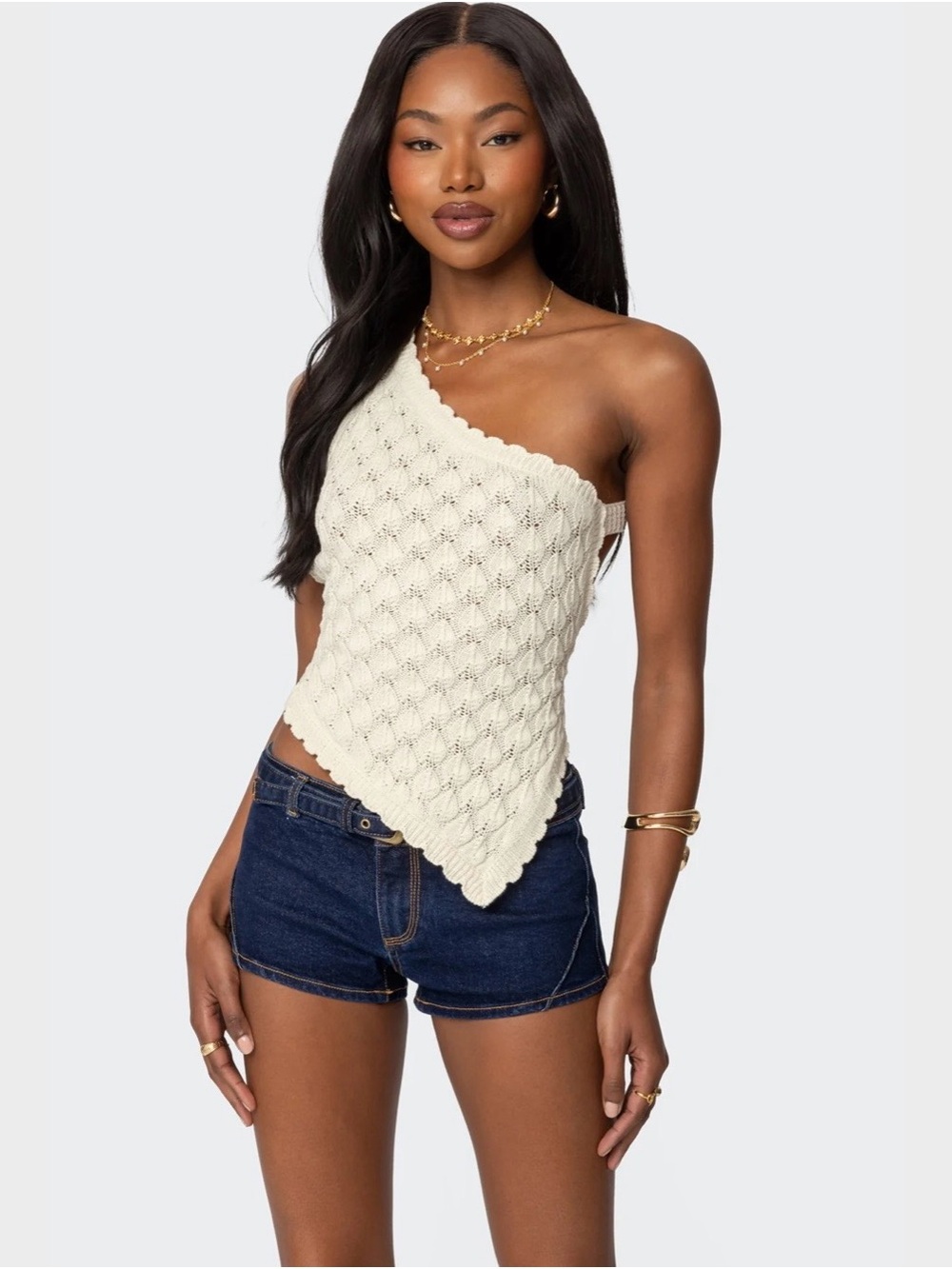 Edikted One-Shoulder Cream Knit Top